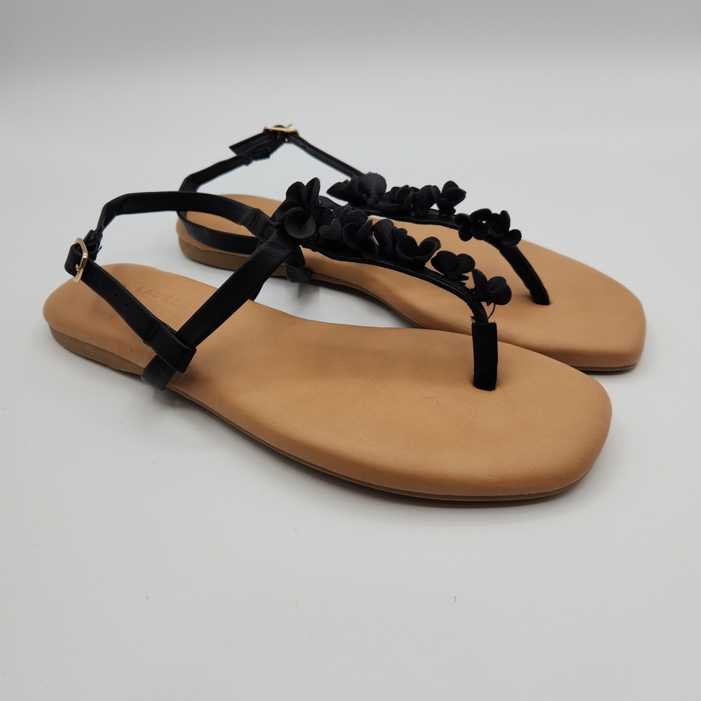 LC Lauren Conrad Thala T-Strap Sandals Women's US 7 Tan Black Floral Detailed